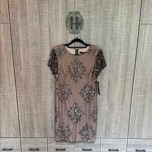 Adrianna Papell Women's Short Beaded‎ Dress, Lead/Nude